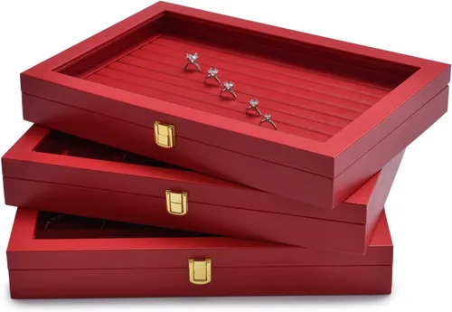 Vista 9 de Oirlv Bandeja organizadora de pulsera de cuero de lujo con tapa acrílica, vitrina de joyería, cajón de inserción, organizador de joyas para mujeres