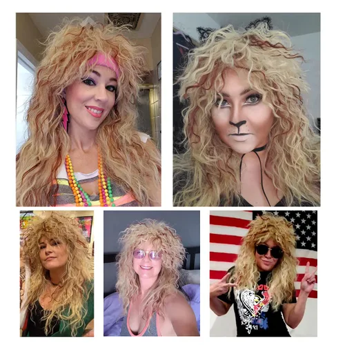 Vista 6 de FantaLook Peluca larga rizada de los años 80 rubia con marrón rojizo para cosplay