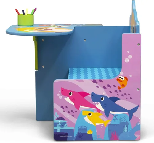 Vista 5 de Escritorio con silla Baby Shark con compartimento de almacenamiento - Ideal para artes y manualidades, hora de merienda, educación en casa, tareas