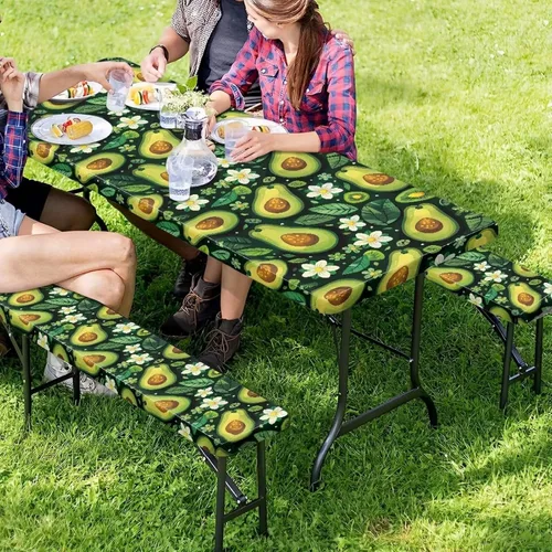 Vista 3 de Funda de mesa de picnic con fundas de banco, resistente al viento, resistente a las manchas, mantel de camping y accesorios de viaje, juego de 3
