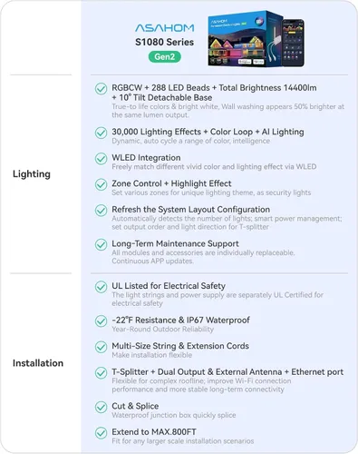 Vista 2 de ASAHOM Luces permanentes para exteriores Pro, 400 pies con 288 LED RGBCW y doble salida, integración WLED, iluminación AI, combinación de 30,000