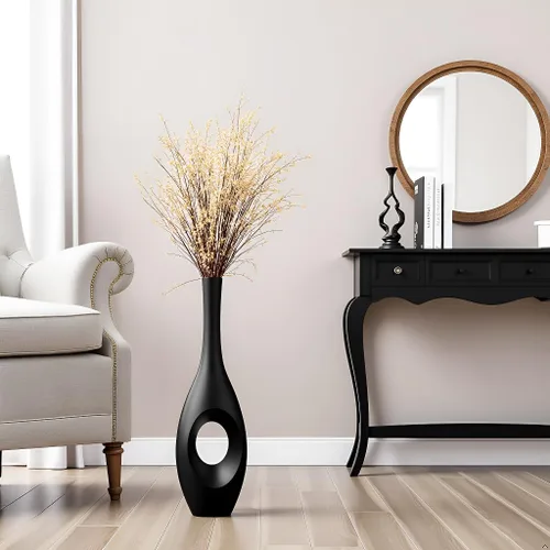 Vista 4 de Jarrón de piso negro de 60 cm – Cuerpo ovalado en forma de dona con cuello delgado de 7,6 cm, jarrones decorativos altos modernos para sala