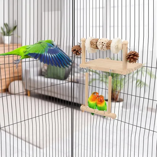 Vista 5 de Litewoo Plataforma de perca de madera para pájaros con juguetes masticables Madera natural, 1 sola bola, para loro/periquito/conure/jaula Sola bola