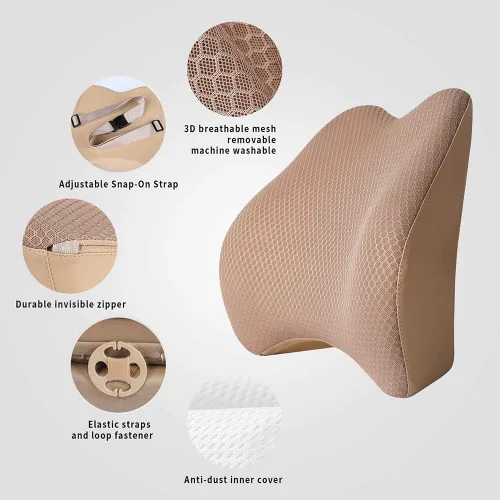 Vista 2 de Almohada de apoyo lumbar de espuma viscoelástica para coche - Soporte para la espalda para asiento de coche (Beige)