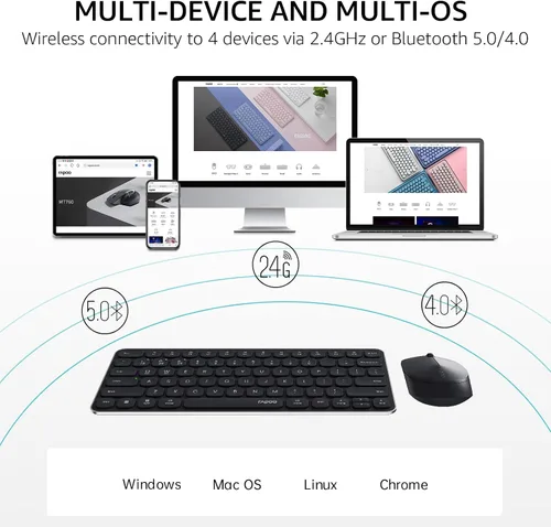 Vista 2 de Rapoo 9010M Combo de teclado y mouse multidispositivo, juego de teclado y mouse inalámbrico 2.4GHz/Bluetooth 5.0/4.0 para Windows/Mac/Linux/Chrome