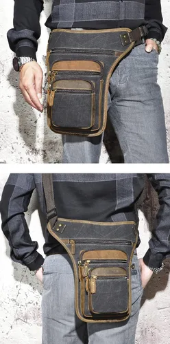 Vista 4 de Handadsume Riñonera de lona resistente al agua + cuero para motocicleta, riñonera, bolsa de pierna para muslo, para hombres y mujeres, FB913-5