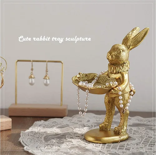 Vista 2 de FANTESTICRYAN Bandeja de joyería decorativa de estatua de conejito pequeño, lindo y retro adorno dorado figura de conejo de Pascua para accesorios
