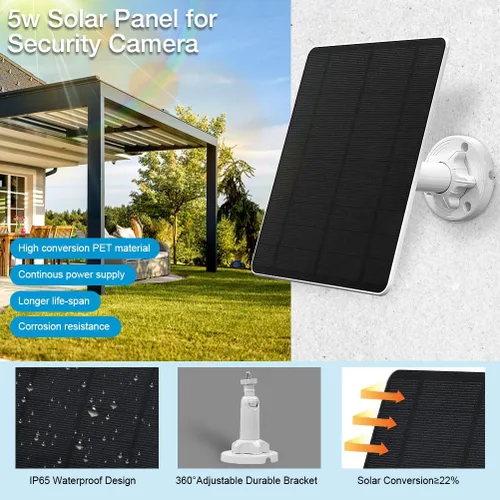 Vista 2 de Panel Solar para Cámara de Seguridad, Panel Solar USB de 5W para Cámaras DC 5V, Cargador de Panel Solar para Cámara Micro USB y USB-C y DC, Cargador