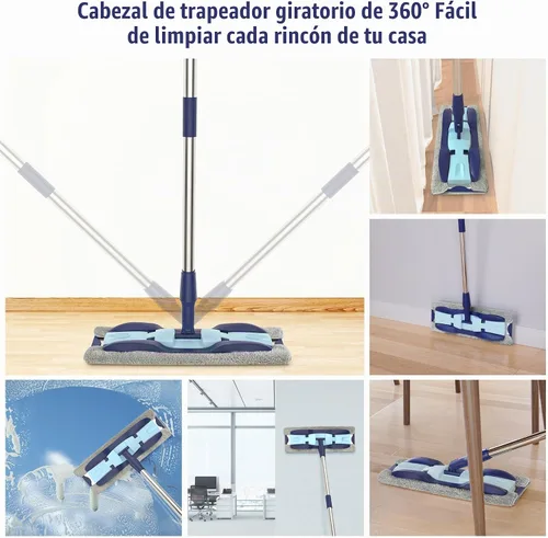 Vista 4 de Trapeadores de microfibra para limpieza de pisos: trapeador plano de madera dura 4 almohadillas lavables 59" Adjustable Handle, 360° Rotating