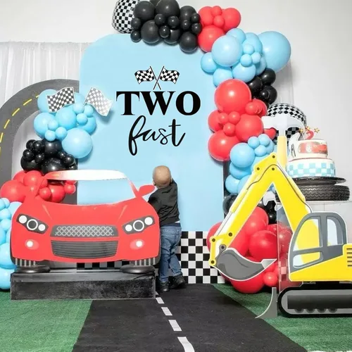 Vista 6 de Letrero con texto en inglés «Two Fast Birthday» para telón de fondo, calcomanías temáticas de auto de carreras, 2 decoraciones de cumpleaños