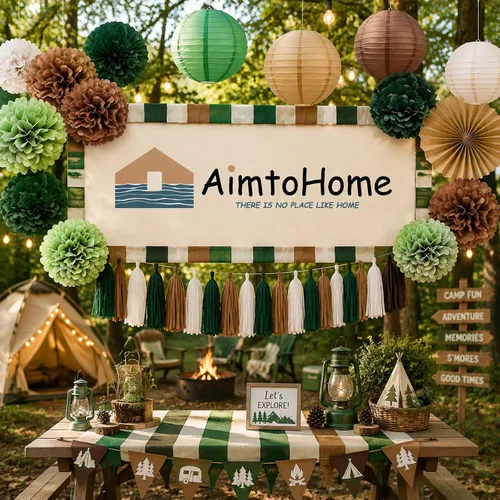 Vista 6 de AimtoHome Paquete de 12 abanicos de papel colgantes redondos de Kraft verde y marrón
