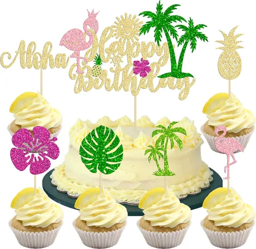 Vista 20 de 36 piezas de adornos para cupcakes de piña verde con purpurina verde para Luau despedida de soltera, fiesta de verano tropical, decoración