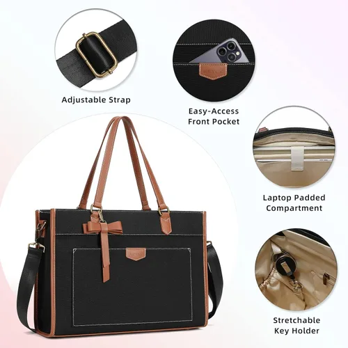 Vista 6 de Keyli 3 piezas Bolsa para Laptop para Mujeres, 15.6 Pulgadas Bolsa de Lona Tote Bolsas de Trabajo Grandes Maletín de Computadora de Negocios Bolso