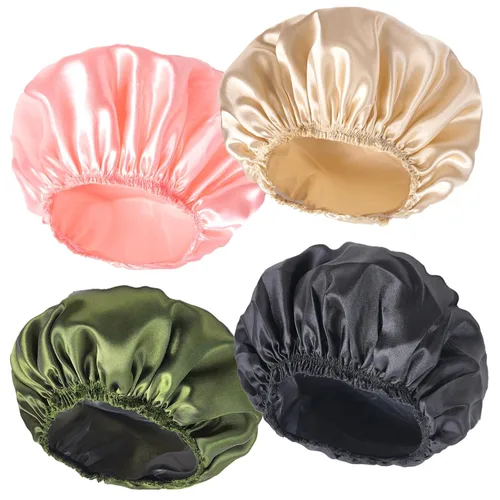 Vista 15 de 4 piezas de gorros de ducha para mujer, gorros de baño con estampado, gorro de ducha de doble capa reutilizable e impermeable, gorros de ducha