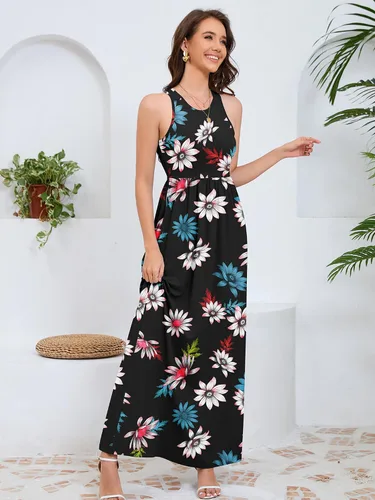 Vista 4 de DEARCASE Vestido largo de verano sin mangas para mujer, con bolsillos E10-floral Negro Azul