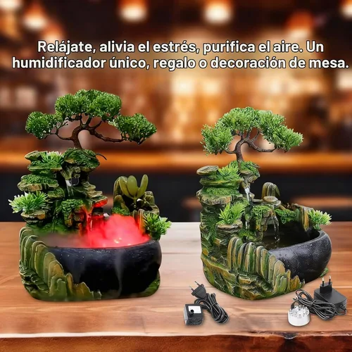 Vista 3 de Mini fuente artificial de mesa de roca con función de niebla de cascada de árbol bonsái