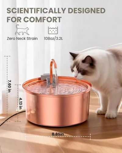 Vista 7 de Tomxcute Copper Cat Water Fountain, 108oz/3.2L Large Capacity, Ultra-Quiet Pump (≤25dB), Multi-Layer Filtration, Easy Hand-Wash Design for Cats &