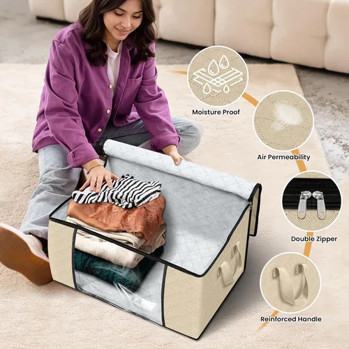 Vista 4 de Fab totes Paquete de 3 bolsas de almacenamiento plegables de tela gruesa, contenedores para organizar dormitorio, armario, ropa, edredón, Beige
