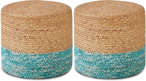 Vista 10 de Wimarsbon 2 puf otomanos, taburete de hierba marina natural, otomana redonda tejida a mano, asiento decorativo bohemio, puf trenzado de yute