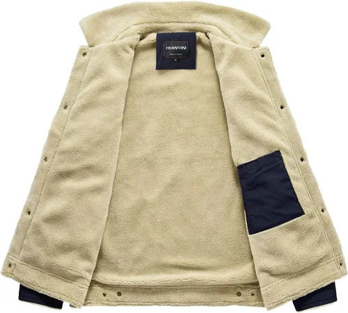 Vista 3 de HOW'ON Chaqueta informal con forro polar Sherpa para hombre, abrigo cálido con cuello de piel