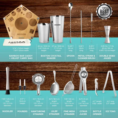 Vista 6 de Kit de camarero: juego de coctelera de acero inoxidable de 18 piezas Herramientas profesionales de barra premium con soporte giratorio de bambú