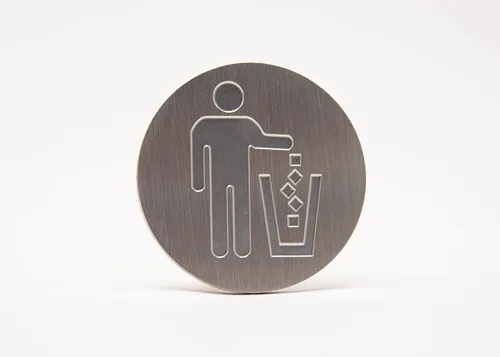 Vista 11 de Logotipo de basura, emblema, medallón, cocina, oficina, parte delantera del gabinete, 1.5 pulgadas, acero inoxidable, latón, negro mate, cantidad 1