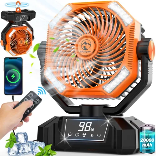 Vista 8 de Ventilador de niebla portátil, ventilador de camping recargable de 20000 mAh con tanque de agua de 12.2 fl oz y linterna LED, 5 velocidades