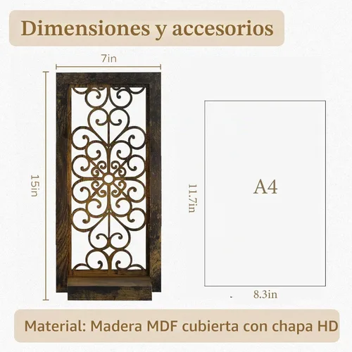 Vista 2 de Juego de 2 candelabros de pared con diseño de desplazamiento Portavelas de pared envejecida de madera tallada, sostiene velas de pilar o jarrones