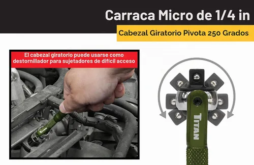 Vista 7 de Titan Tools 11324 - Destornillador con trinquete micro de 1/4 de pulgada x 4 pulgadas y 90 dientes - Verde