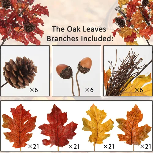 Vista 6 de GnFlus 3 ramas de hojas de roble artificiales de 16 pulgadas, tallos de hojas de otoño falsas con bellotas piñas para interiores y hogar, Halloween
