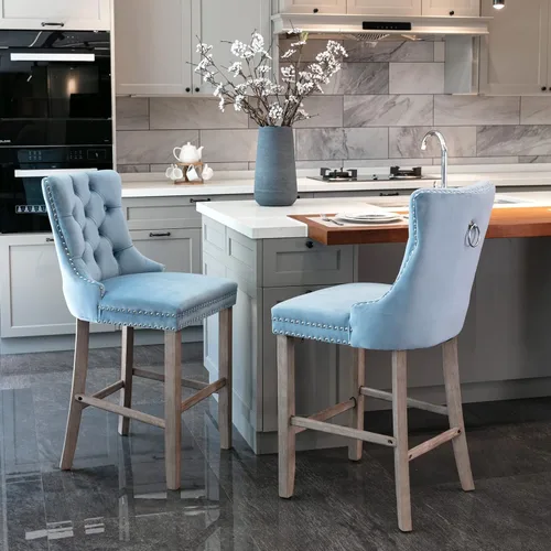 Vista 15 de Juego de 2 Sillas de Comedor, Modernos Taburetes de Bar Tapizados de Terciopelo con Decoración de Botones Capitoné y Patas de Madera, Ribete