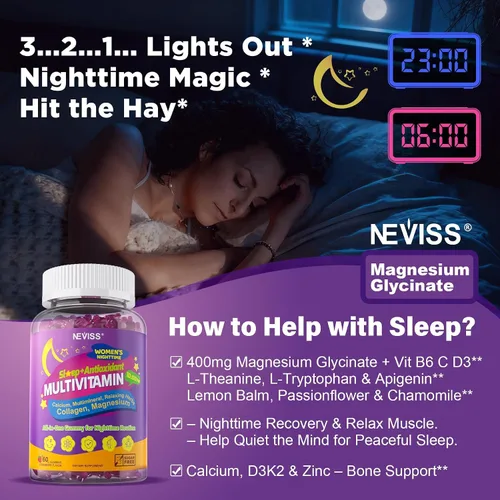 Vista 4 de NEVISS Gomitas multivitamínicas para mujeres con glicinato de magnesio 400 mg, calcio D3K2, gomitas de colágeno hidrolizado para renovación