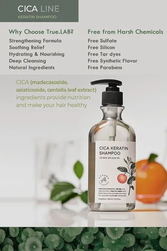 Vista 4 de TheMogan True.LAB Champú de queratina Cica 9.6 fl oz - Fórmula calmante y fortalecedora con centella asiática, queratina y aceites naturales para un