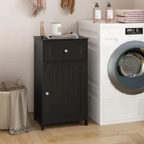 Vista 4 de GLACER Armario de suelo de baño, gabinete de almacenamiento lateral de una sola puerta con cajón, organizador de almacenamiento de madera para baño
