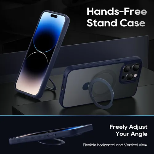Vista 4 de Funda magnética para iPhone 15 Pro Max con soporte, soporte de anillo invisible con protector de pantalla compatible con MagSafe Slim esmerilado Azul
