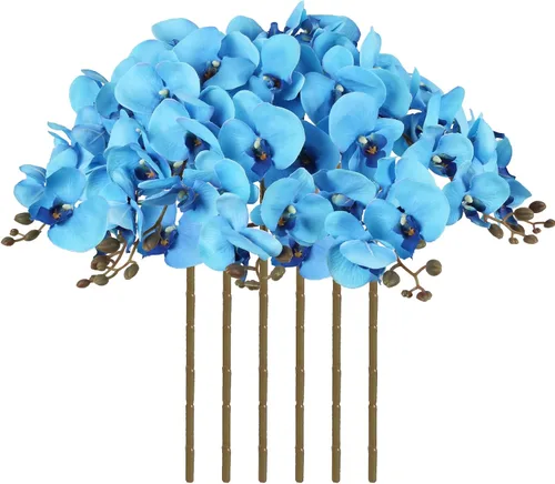 Vista 12 de Orquídeas artificiales de 38 pulgadas, 6 unidades, orquídeas falsas rosas, orquídeas de seda de terciopelo, flores artificiales de tallo largo