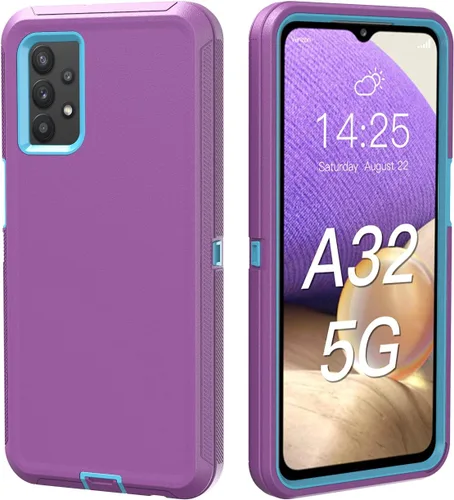 Vista 2 de Funda resistente para Galaxy A32 5G, no compatible con 4G, con clip, a prueba de golpes, a prueba de caídas, polvo, morado y azul cielo