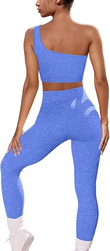 Vista 2 de OYS Conjuntos de entrenamiento para mujer, 2 piezas, sin costuras, cintura alta, leggings para correr, yoga, gimnasio, un hombro, brasier deportivo