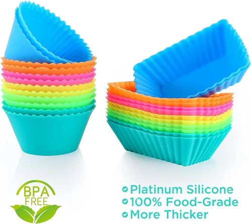 Vista 3 de IPOW Juego de 24 moldes de silicona para hornear cupcakes, reutilizables, de grado alimenticio, sin BPA, antiadherentes, 2 formas, rectángulo redondo