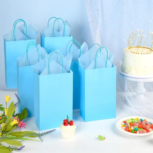 Vista 2 de DjinnGlory Paquete de 24 pequeñas bolsas de regalo de papel azul con asas de 9 x 5.5 x 3.15 pulgadas y 24 papel de regalo de seda para negocios