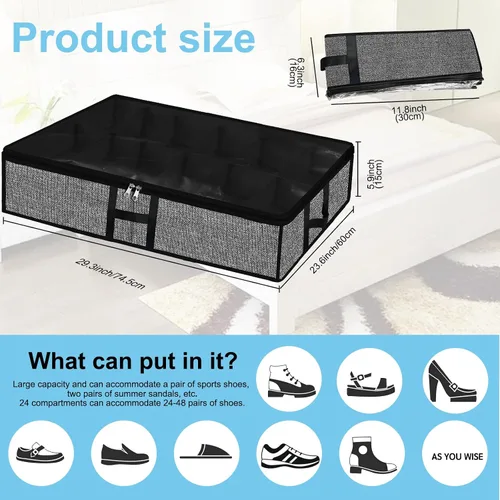 Vista 4 de Organizador de zapatos debajo de la cama para armario, paquete de 2, se adapta a 24 pares de cajas de contenedores de zapatos debajo de la cama