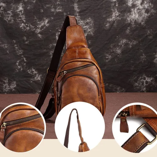 Vista 5 de Ztimi Bolso de hombro para hombre, bolso de mensajero, bolso de pecho para hombre, bolso cruzado casual, bolso retro pintado a mano