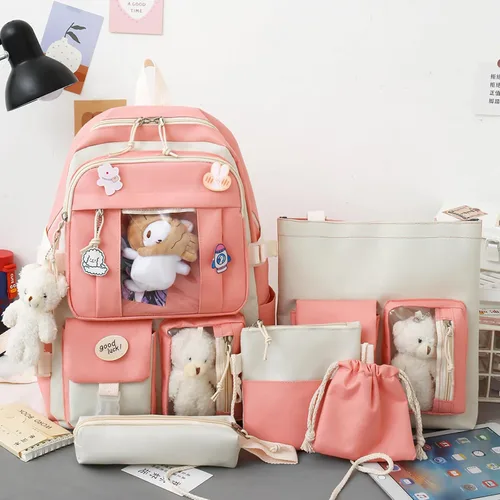 Vista 6 de pdghiue Juego de mochila Kawaii estética de 5 piezas con pin Kawaii y accesorios colgantes, material de nailon Duradero y adorable, Rosado, Kawaii