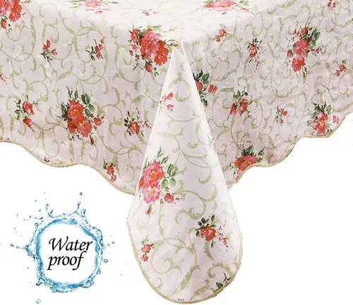 Vista 4 de Mantel floral de manzanilla rosa resistente al agua, rectangular, con parte trasera de franela, mantel de plástico de vinilo con flores rojas
