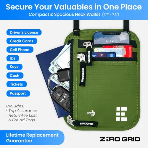 Vista 41 de Cartera para el cuello para viajes y pasaporte con bloqueo RFID, delgada y fácil de ocultar, bolsa de viaje de nailon para hombres y mujeres
