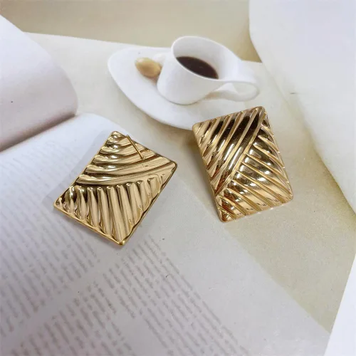 Vista 4 de Delicados aretes grandes rectangulares con textura gruesa para mujer, estilo vintage, de acero inoxidable, diseño geométrico, diseño único, joyería