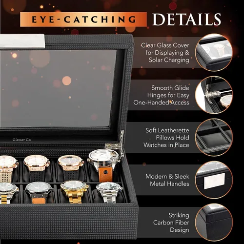 Vista 4 de Caja para relojes para hombre - caja de exhibición de fibra de carbono de lujo con 12 ranuras, caja grande, hebilla de metal - negro