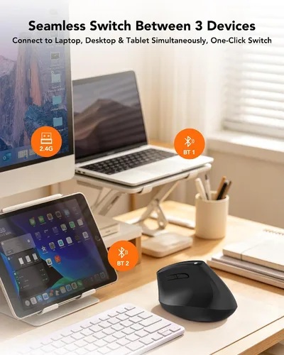 Vista 5 de KYSONA Ratón ergonómico inalámbrico, mouse vertical Bluetooth, DPI ajustable de 5 niveles, ratones con interruptor silencioso de 2.4 G para Windows