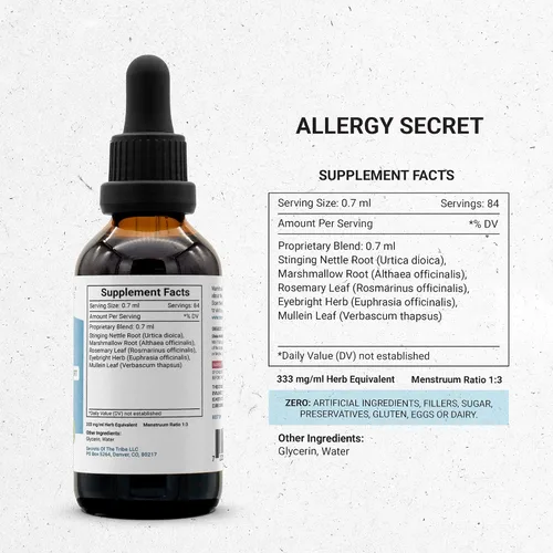 Vista 4 de Allergy Secret - Extracto sin alcohol, tintura, romero, glicerita, hoja de gordolobo, malvavisco, ortiga picante, luz ocular. Apoyo para alergias