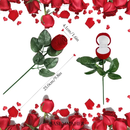 Vista 2 de BASEMMAHER Caja de anillo de rosa de terciopelo rojo para el día de San Valentín, ramo de flores de compromiso romántico, joyero, joyero, baratijas